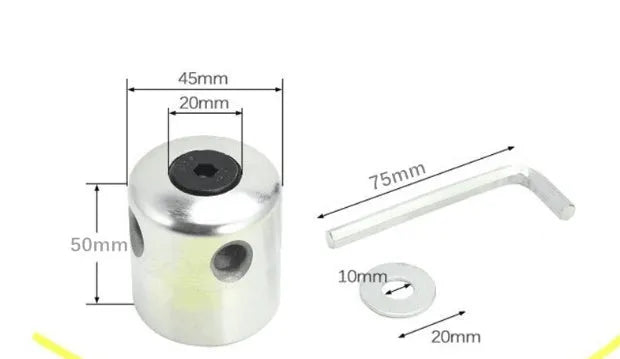 Silver aluminium lawn mower trimmer head replacement kit with four light yellow grass strings and fitting wrench
