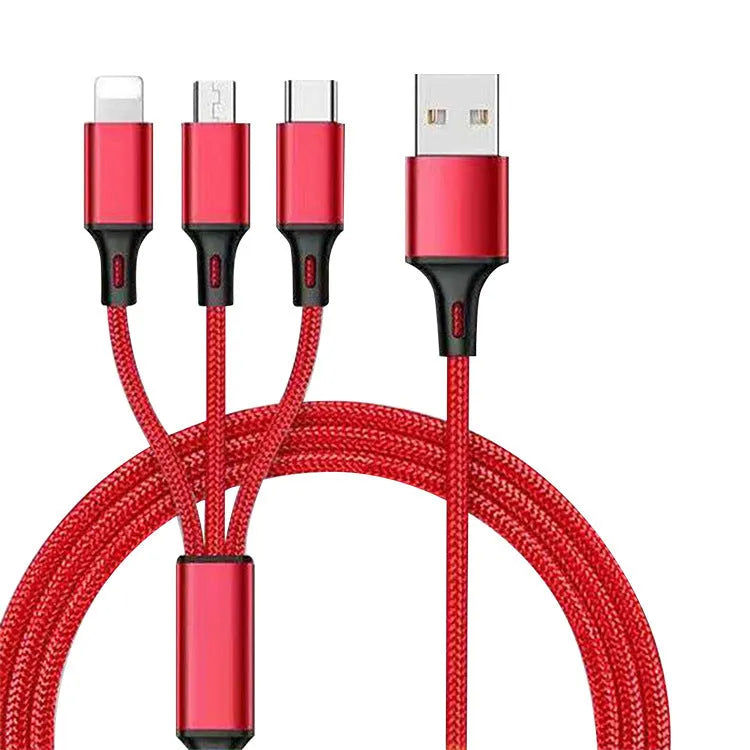 One for three charging cable data cable 1.2 metres TPE nylon braid red blue gold black silver