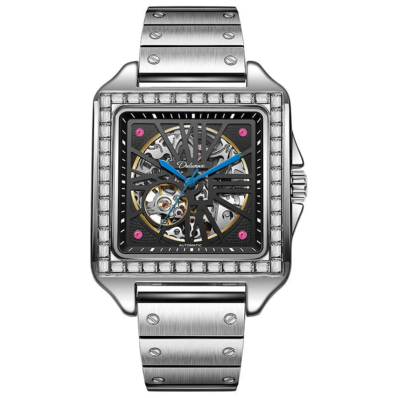 Square diamond-studded automatic watch for men with stainless steel belt