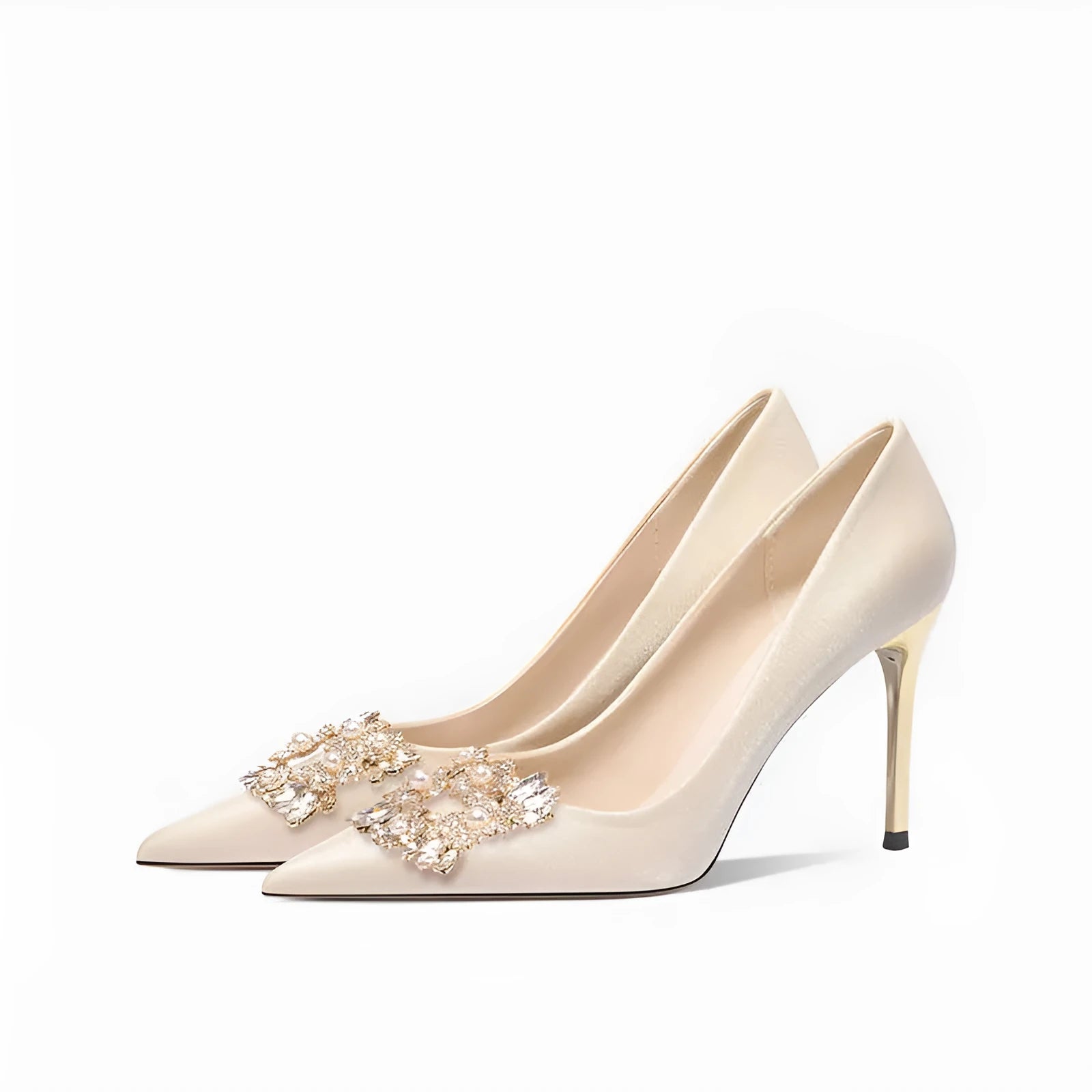 Women's crystal rhinestone wedding high heels with pointed toe, shown in stiletto and cat heel styles.