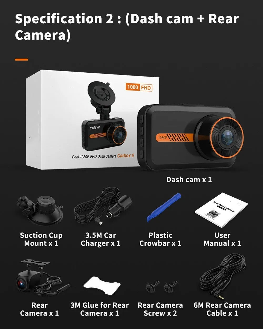 ThiEYE dual dash cam front and rear 1080P screen showing road view with mount and cables