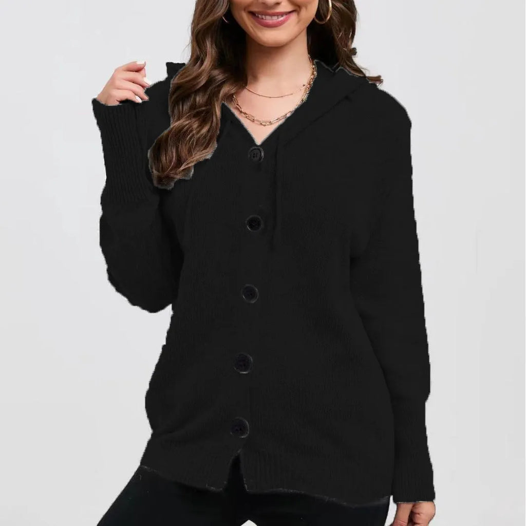 Women's solid colour hooded cardigan sweater in thick cotton fabric