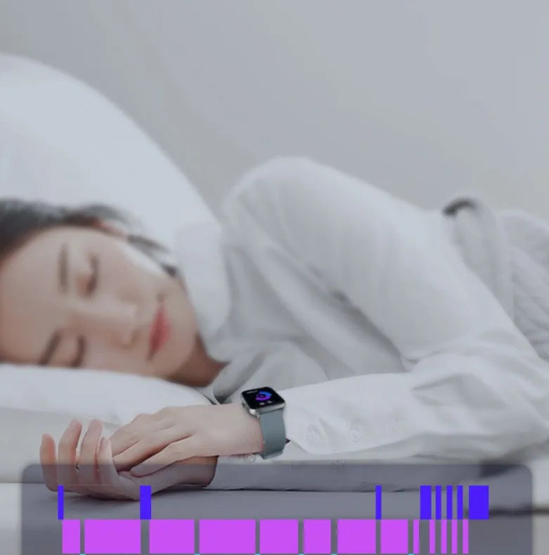 Blue smart sports watch with 1.7-inch touchscreen display showing heart rate monitoring interface