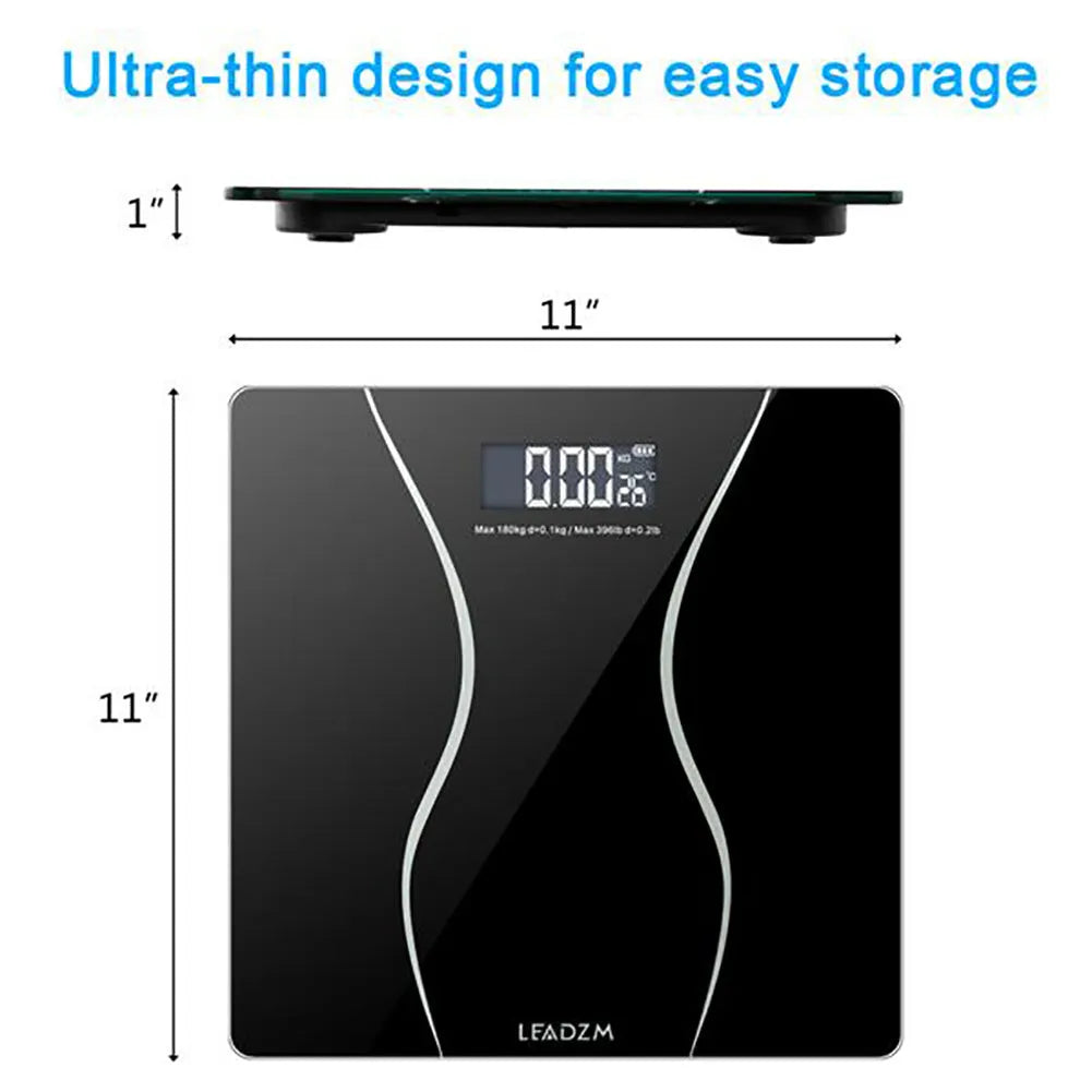 Black electronic body scale with digital display and 180kg weight capacity for household health monitoring