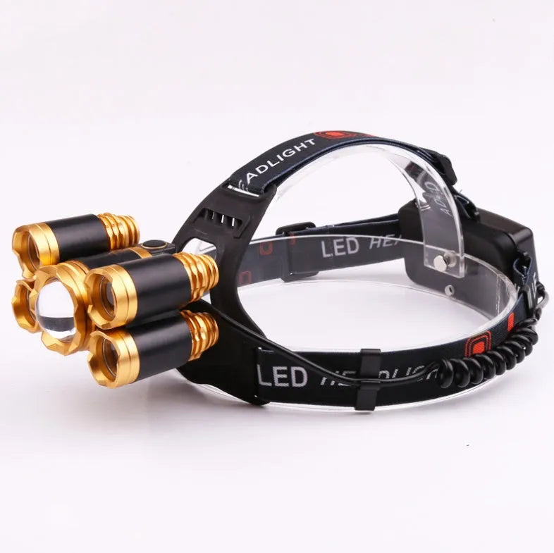 Gold aluminium alloy head torch with 5 LEDs and adjustable focus, sensor model, on a dark background