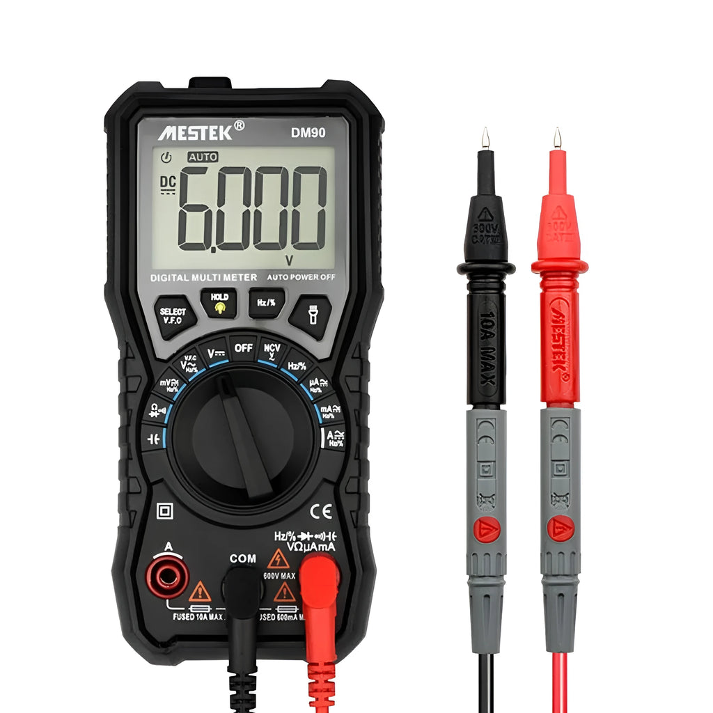 DM90A digital multimeter with display showing measurement, includes test leads for electrical testing