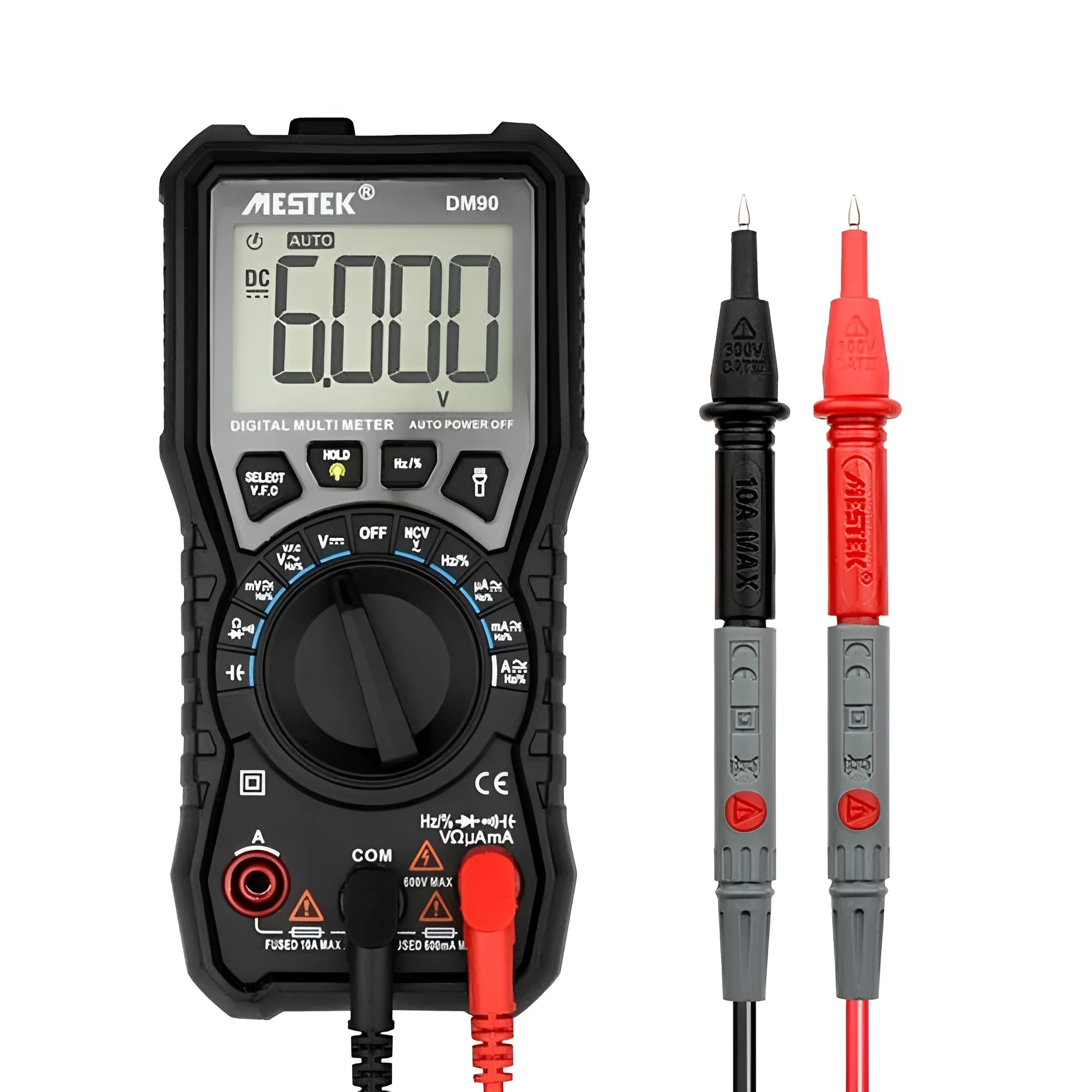 DM90A digital multimeter with display showing measurement, includes test leads for electrical testing