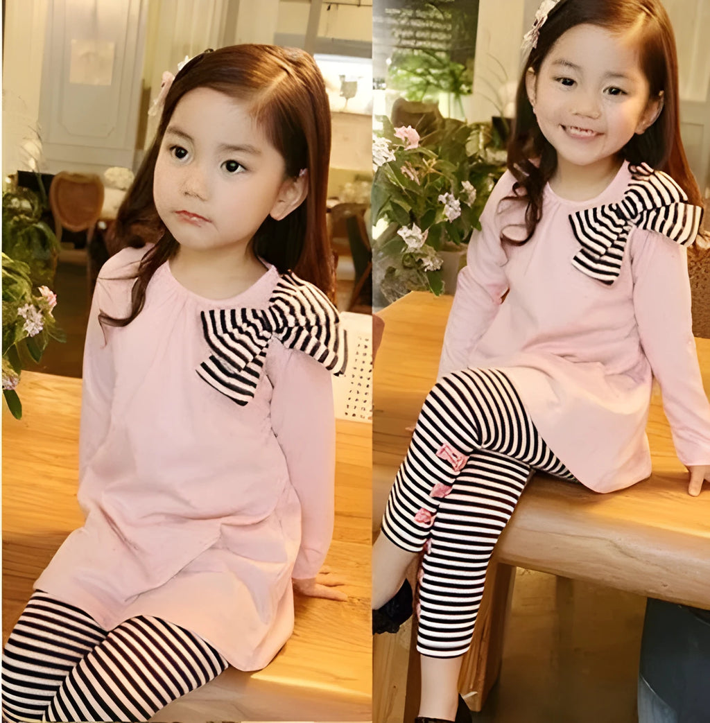 Pink cotton girl's clothing set with top and bottom pieces in sizes 110cm to 140cm