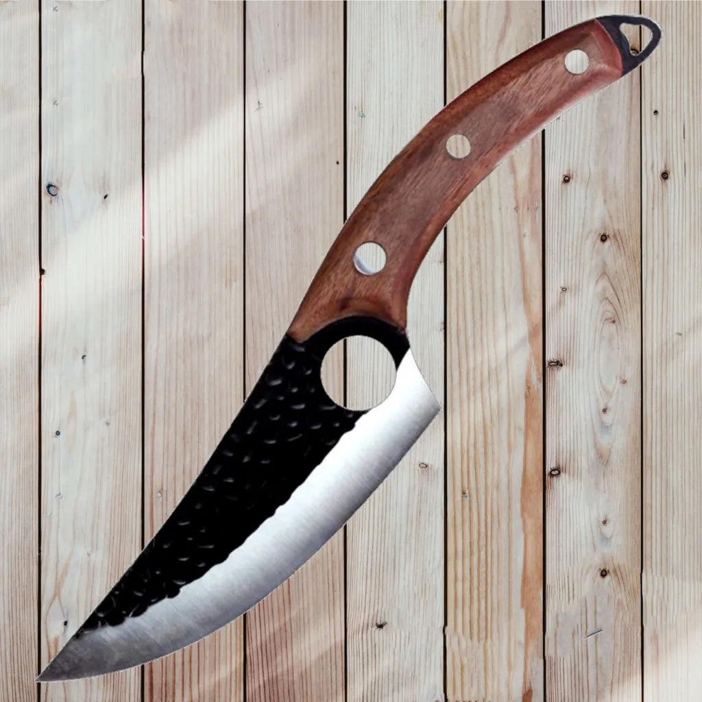 Forged 5CrMoV15 high carbon steel small scimitar boning knife with hammer pattern and black leather sheath