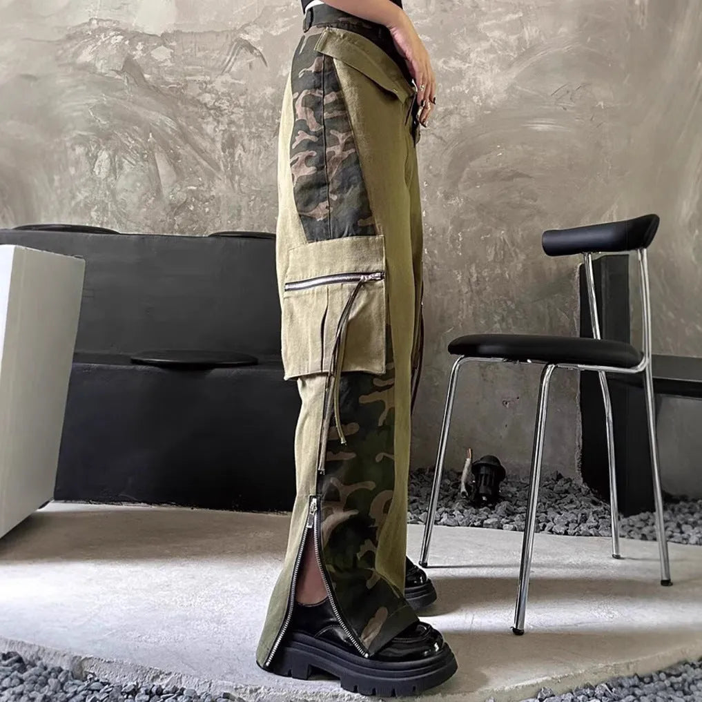 Women's dark khaki leopard print high waist jeans with tooling-style stitching detail