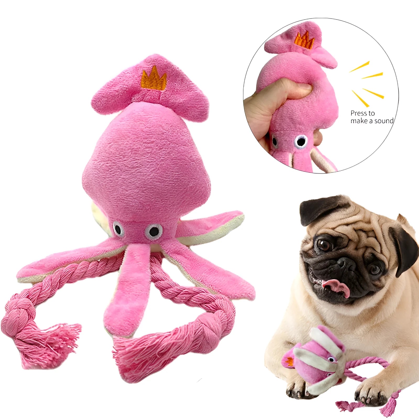Pink squid plush dog chew toy with squeaky sound, 32cm corduroy toy for small and medium dogs