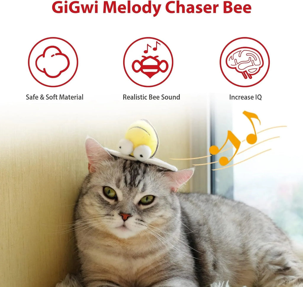 Yellow bee-shaped flannelette cat toy with electronic sound component for motion-activated chirping