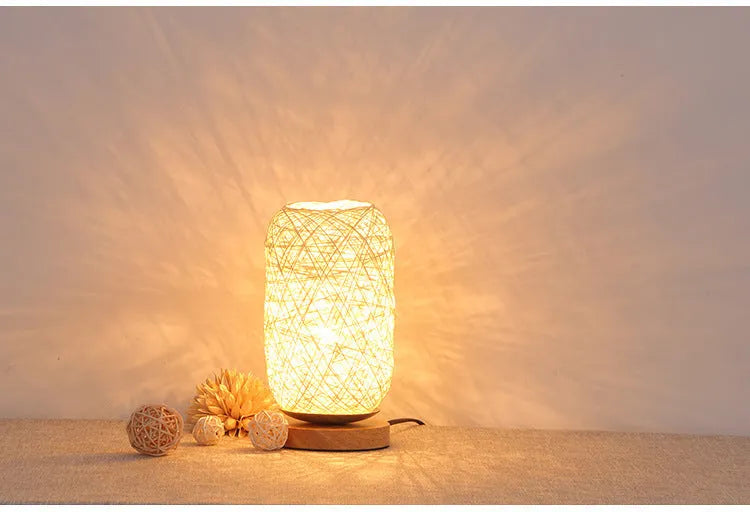 Sepak Takraw ball desk lamp with hemp rope construction on solid wood base