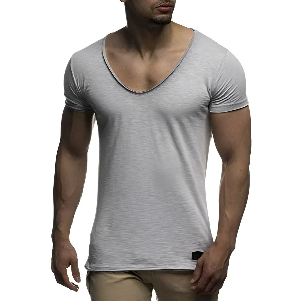 Men's V-neck short sleeve slim fit T-shirt in modal fabric, solid colour, available in black and other shades.