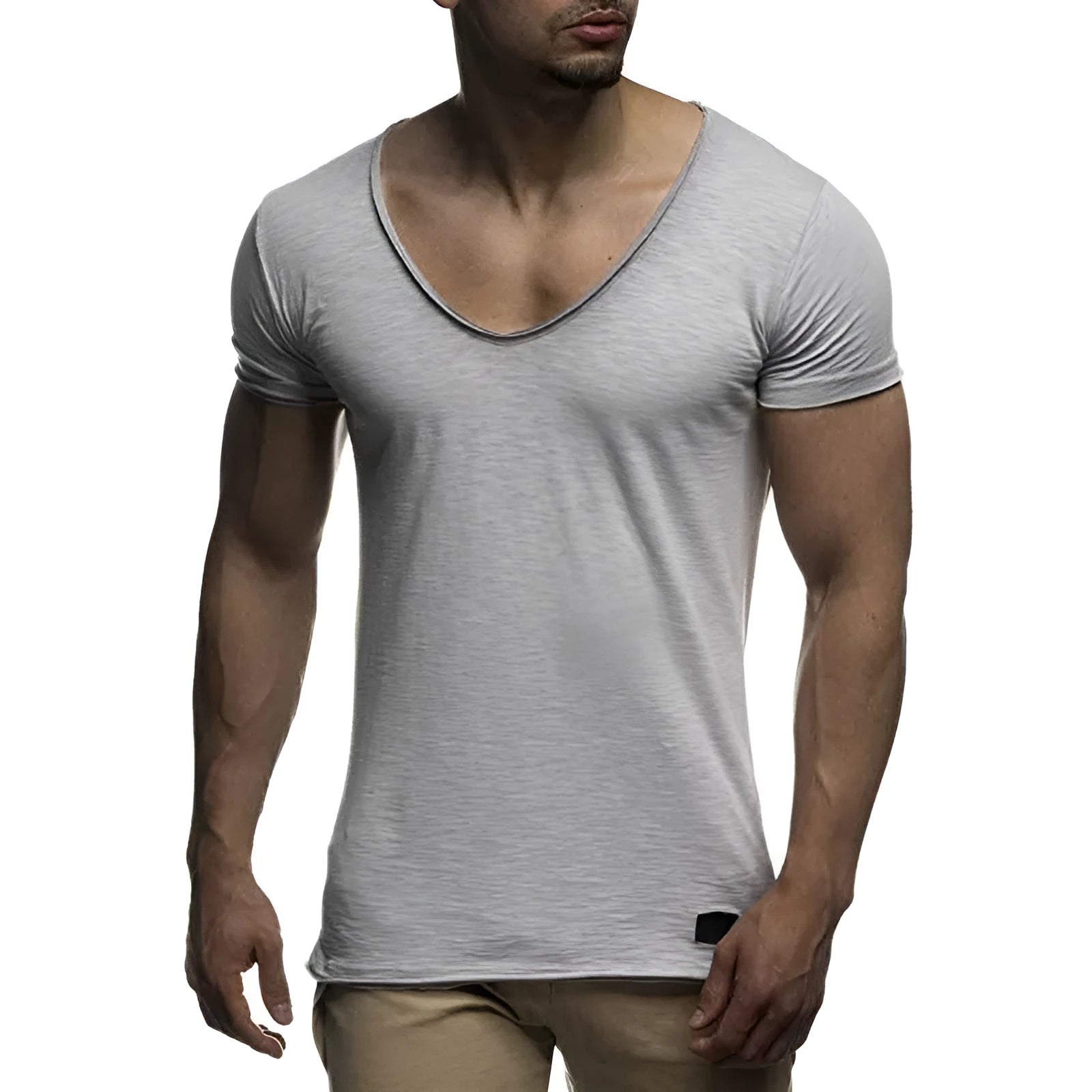 Men's V-neck short sleeve slim fit T-shirt in modal fabric, solid colour, available in black and other shades.