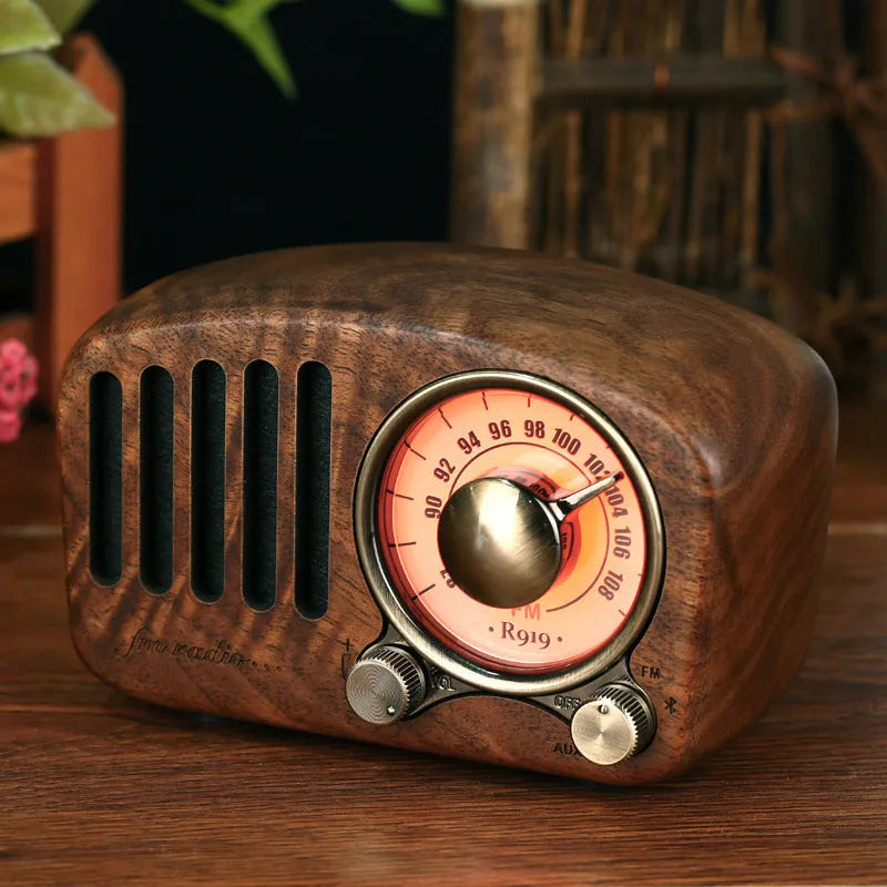 Compact retro wooden wireless Bluetooth speaker in cherry or walnut finish with SD card slot