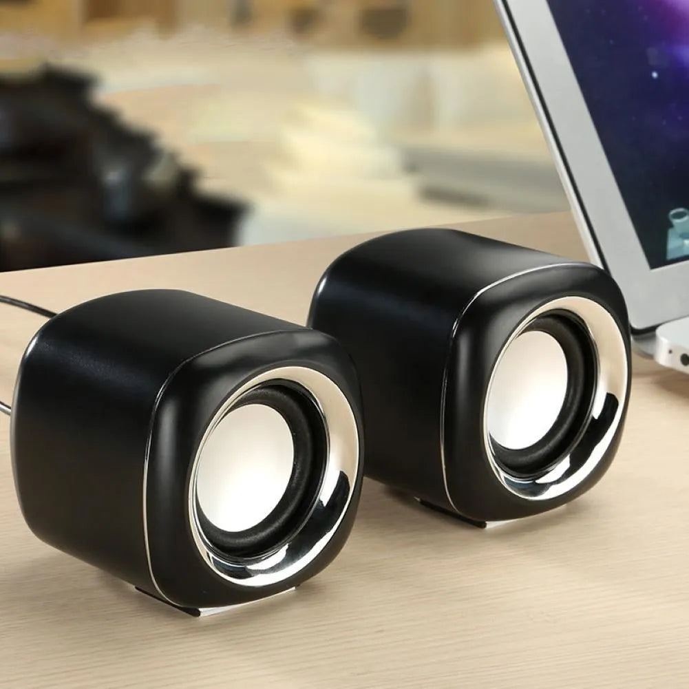 Laptop audio desktop mini speaker pair, ABS, black, 7.2cm cube with scroll wheel and 3.5mm wire