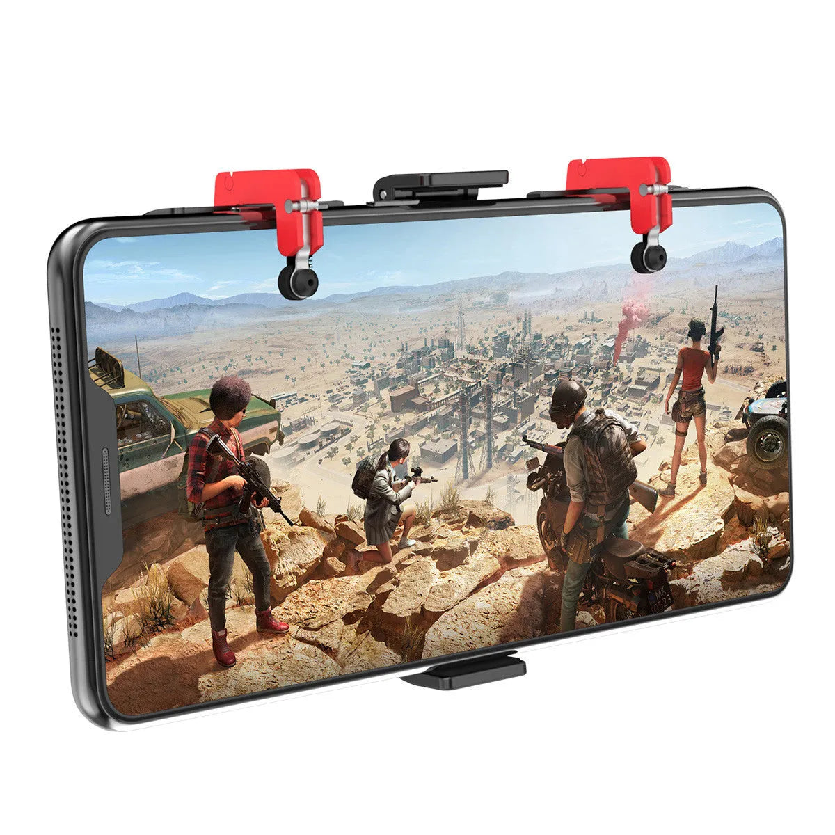 Black PUBG mobile gaming bracket with an extended trigger grip and telescopic phone fixing clip.