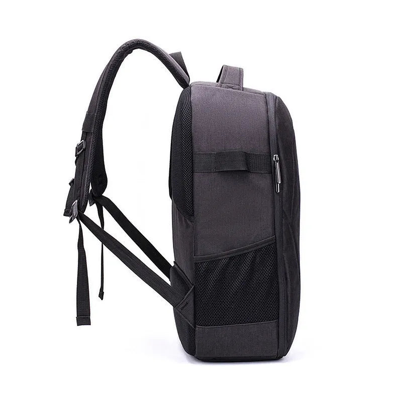 Black Oxford cloth drone backpack with camera and laptop compartments for equipment transport