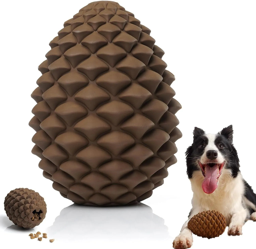 Pine cone shaped natural rubber dog chew toy with textured surface for dental care