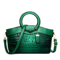 Women's fabric handbag with zippered compartments in multiple colour options showing dimensions