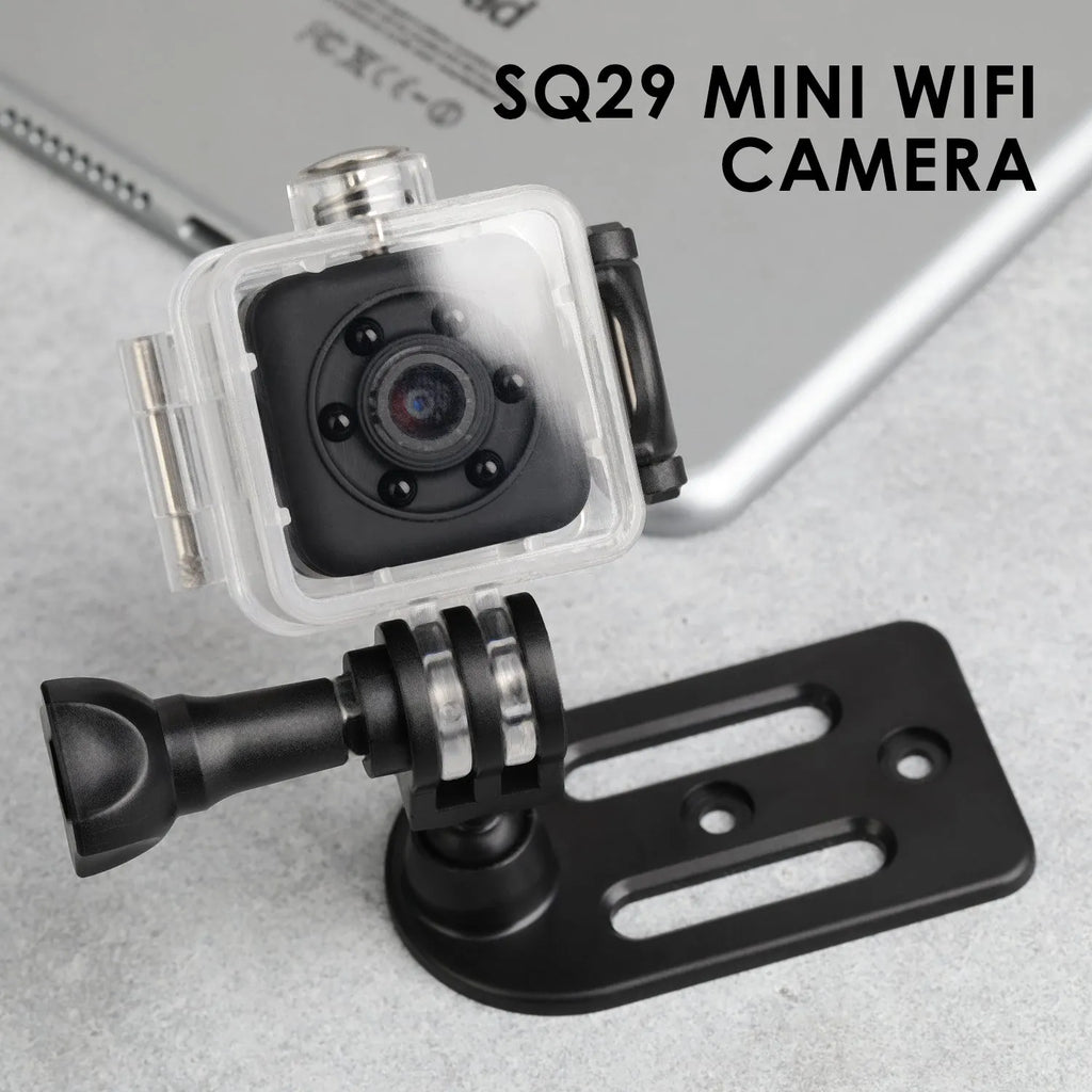 Black SQ29 waterproof sports camera showing its design, compatible with 32GB TF cards and offering 240 minutes of continuous recording.
