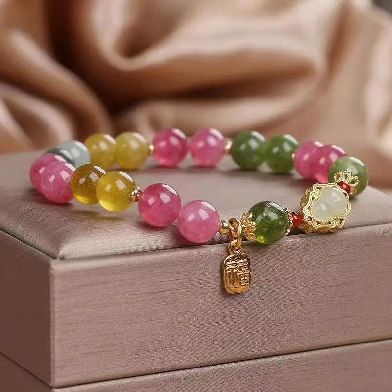 Colourful tourmaline gourd blessing card flower-shaped women's bracelet with mixed material and electroplated finish