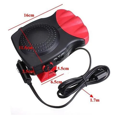 Portable car windshield defroster fan in black and red ABS housing on dashboard with power cable