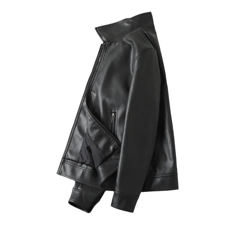 Men's black loose-fit PU leather casual jacket with zipper pockets on a plain background.