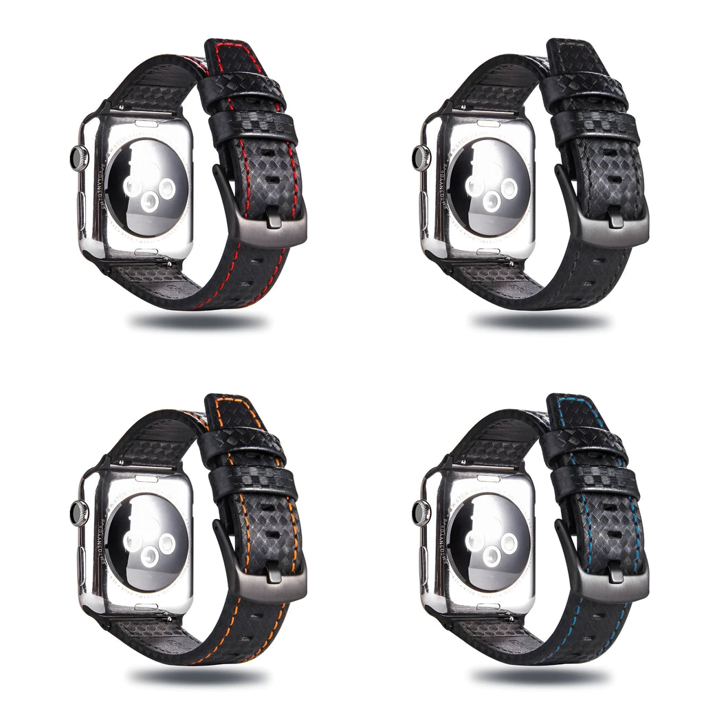 Carbon fiber leather watch strap with PC hard shell case for Apple Watch, available in black line colour, 42 44mm size