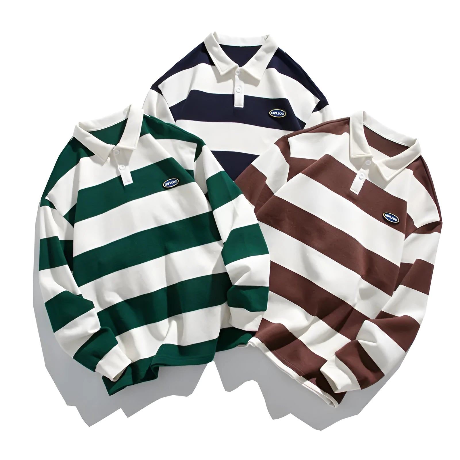 Hong Kong style pearl cotton polo shirt with striped sweater lapel in autumn colours