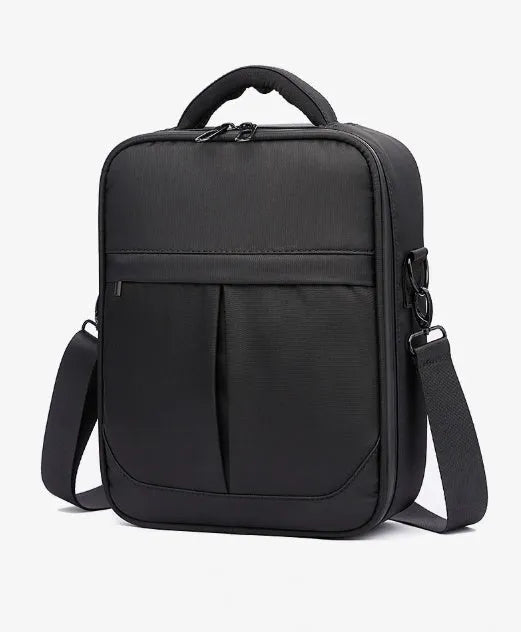 Black Oxford fabric men's messenger shoulder bag showing front compartment and shoulder strap.
