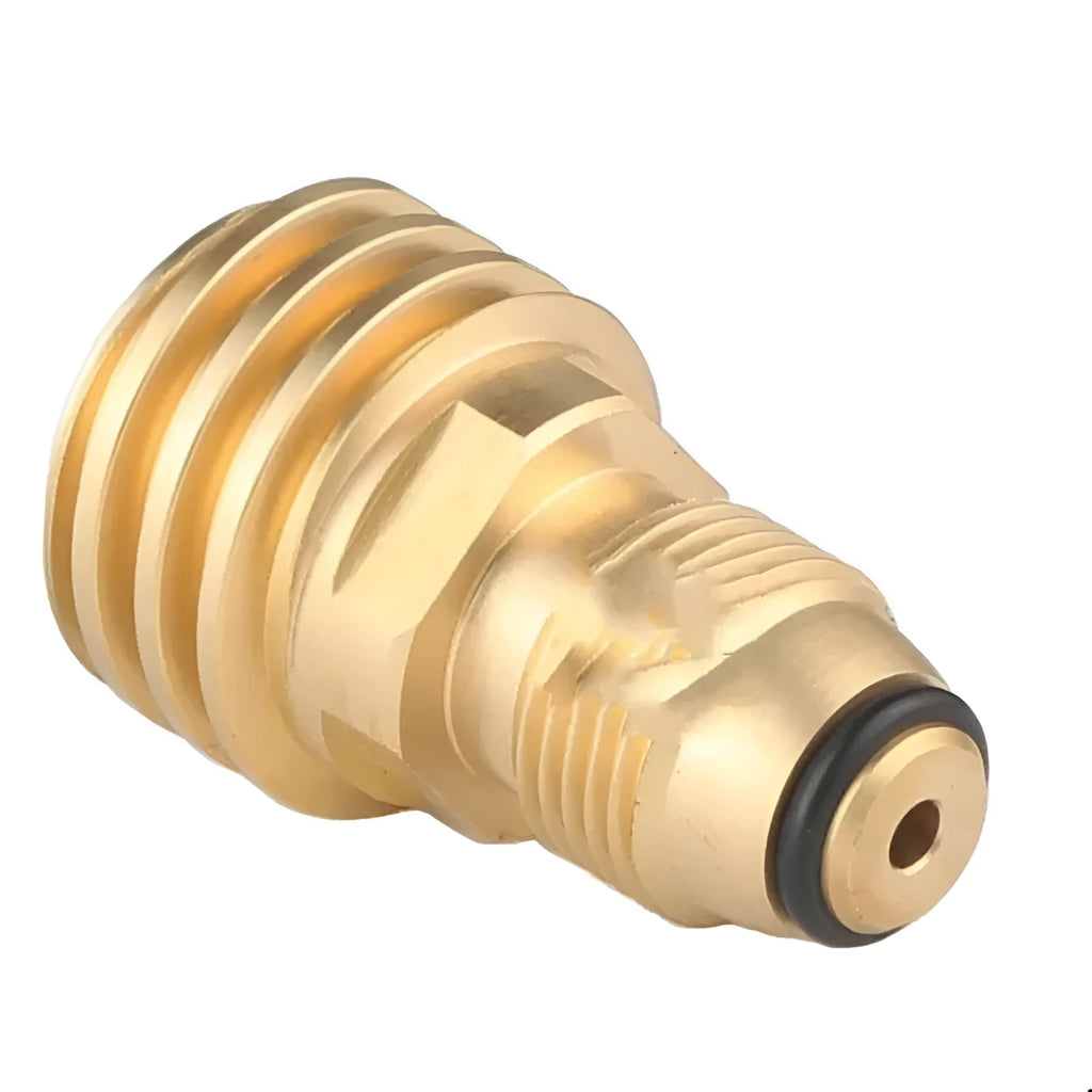 Brass gas brazier adapter with gold finish and external thread taper for 7mm diameter gas connections