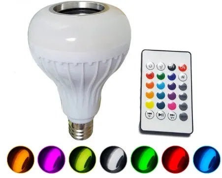 White E27 smart LED bulb with Bluetooth speaker and remote control for 16 colour lights.