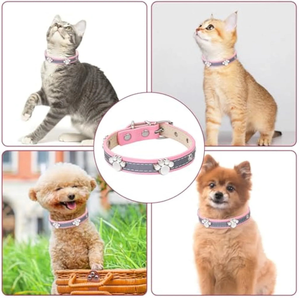 Reflective adjustable dog collar with paw-shaped rivet on PU leather band