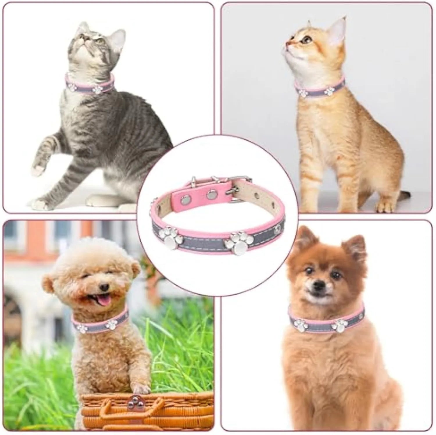 Reflective adjustable dog collar with paw-shaped rivet on PU leather band