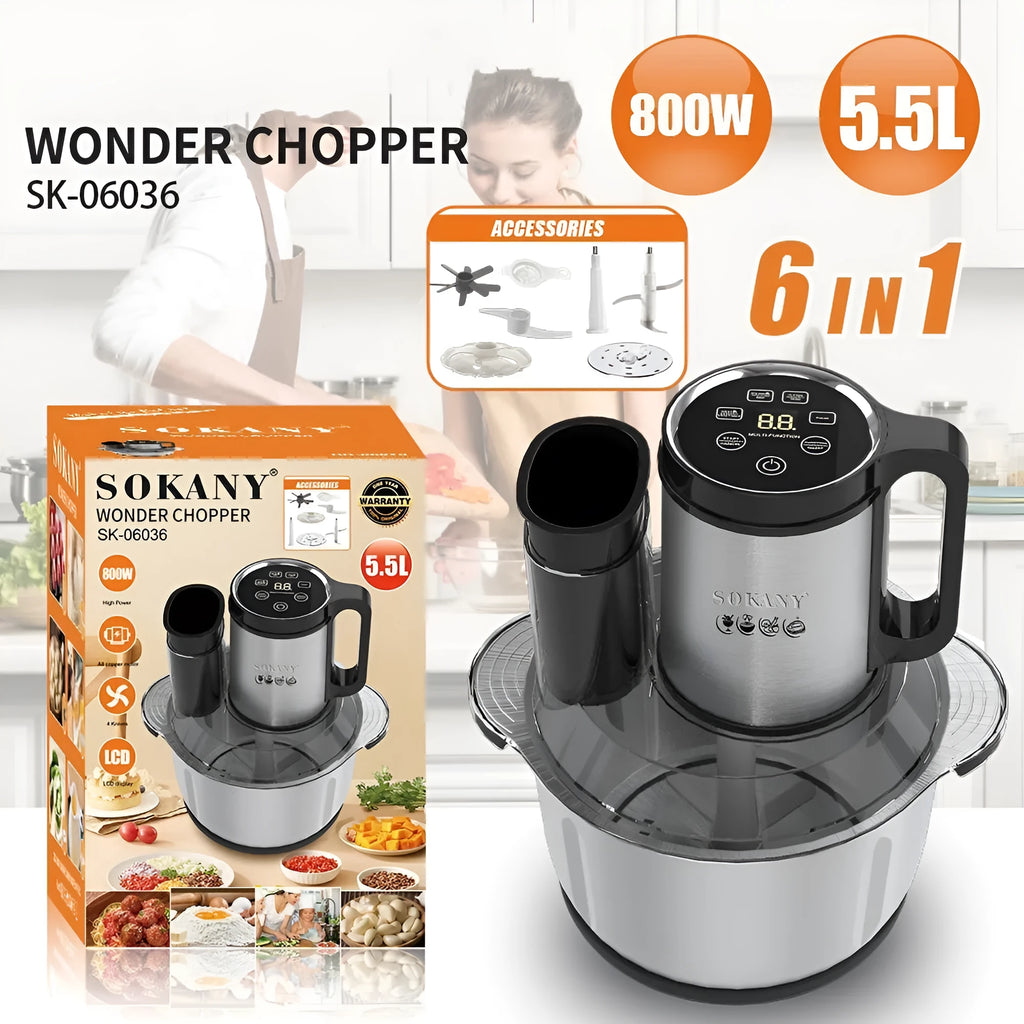 Dark metallic grey stainless steel meat grinder and vegetable cutter with 5L capacity bowl