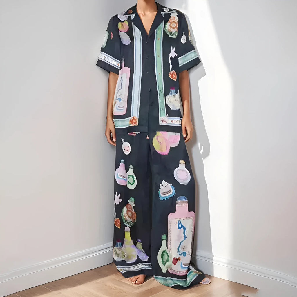 Women's black polyester sleeve cardigan set with cartoon pattern, sizes S-3XL