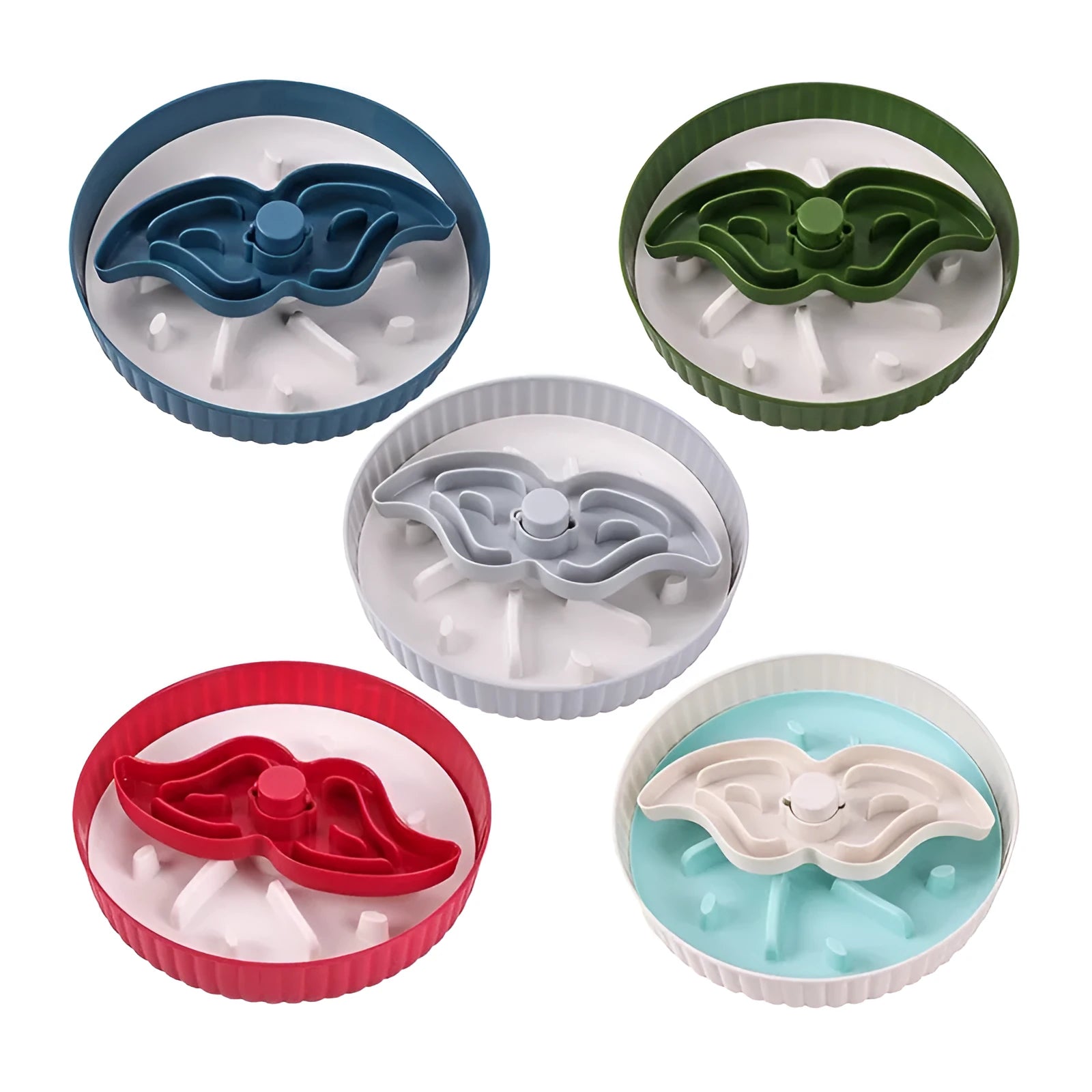 Rotating plastic pet slow feeder bowl with silicone anti-choke mat in windmill pattern.