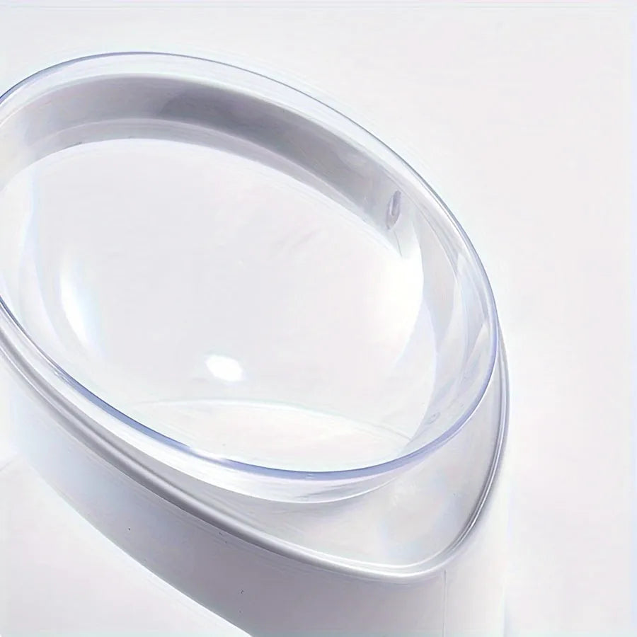White clear plastic tilted cat food bowl for ergonomic feeding
