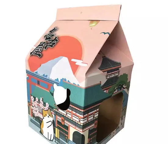 Brown corrugated paper foldable cat scratching board with Nagoya cat design pattern