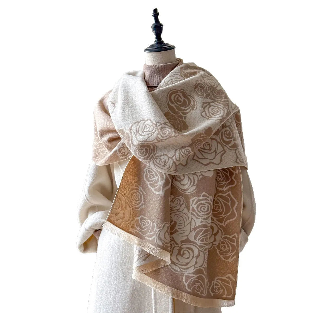 Thick imitation cashmere scarf with tassel trim, 185x65cm, in grey, black, blue, and khaki colours
