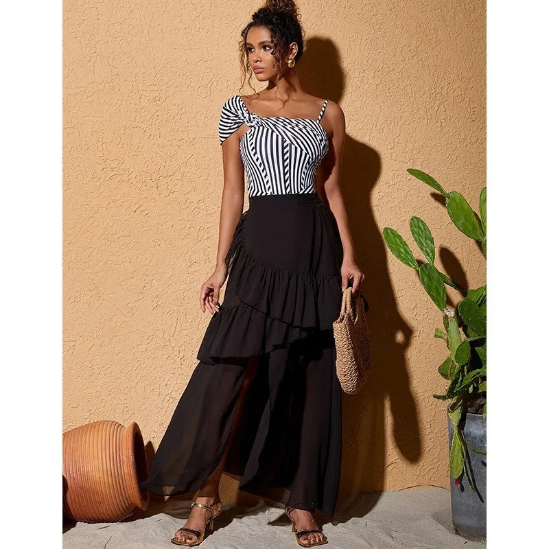 Women's one-piece ruffled striped polyester swimsuit with black skirt, sleeveless, available in multiple sizes