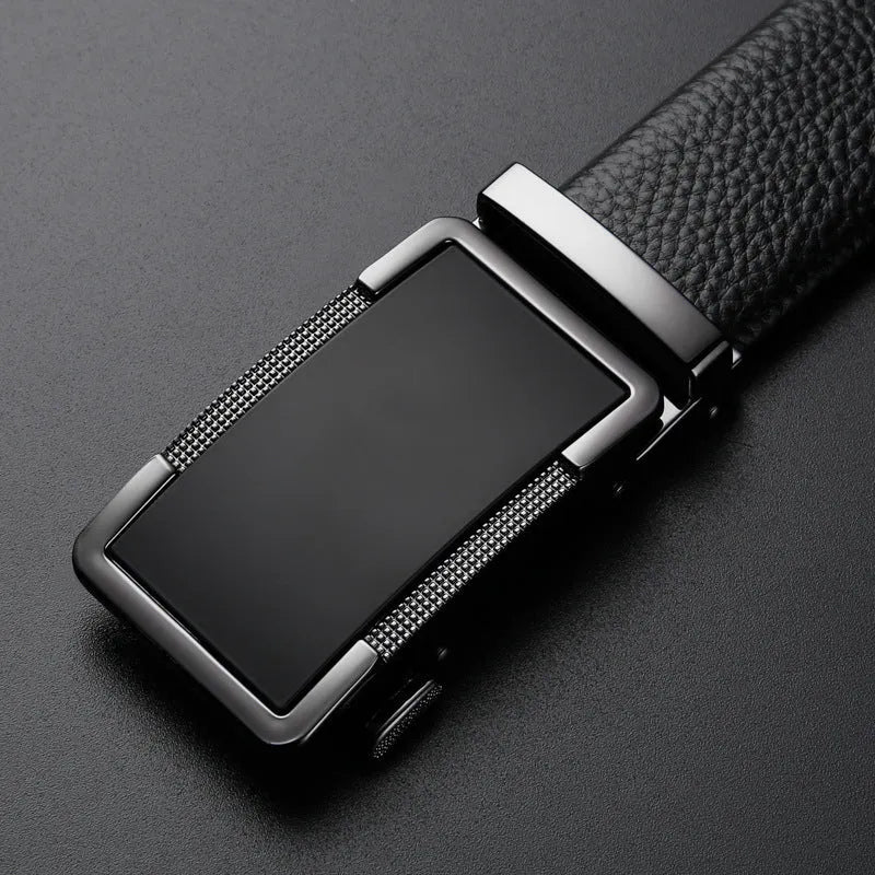 Men's leather belt with an alloy automatic buckle in gun black colour showing length options