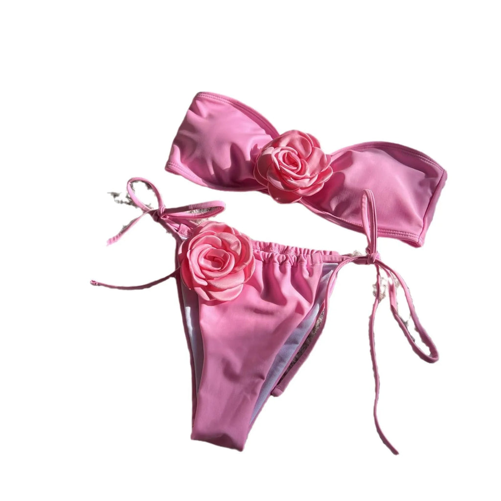 Women's solid colour tube top swimsuit with drawstring straps and front split, available in multiple colours and sizes