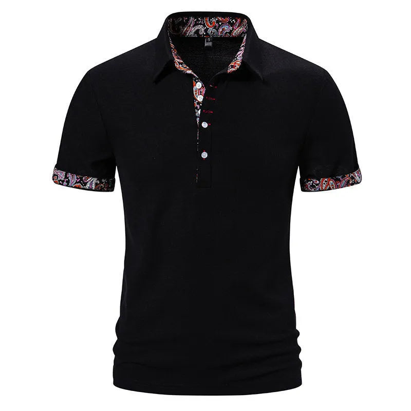 Men's navy blue polo shirt with white stitching on the turnover collar, short sleeves, and a regular fit.