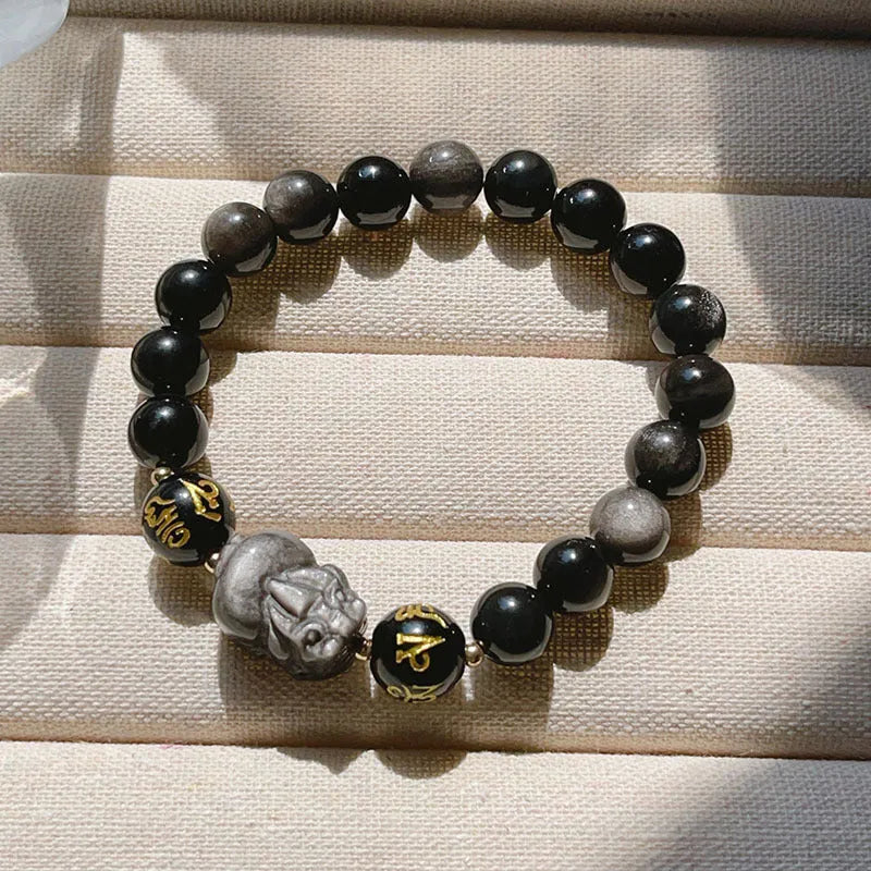 Men's Chinese-style silver stone bracelet with hand-crafted beads featuring zodiac and proverb inscriptions.