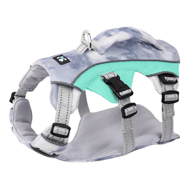 Reflective pet cooling chest strap harness in light blue, pink, dark blue, or orange.