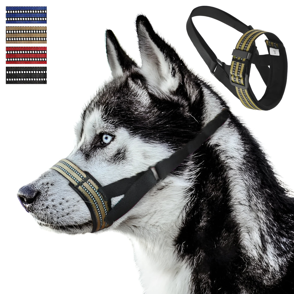 Anti-biting reflective dog muzzle for medium large dogs, adjustable nylon with breathable mesh, available in black blue khaki red