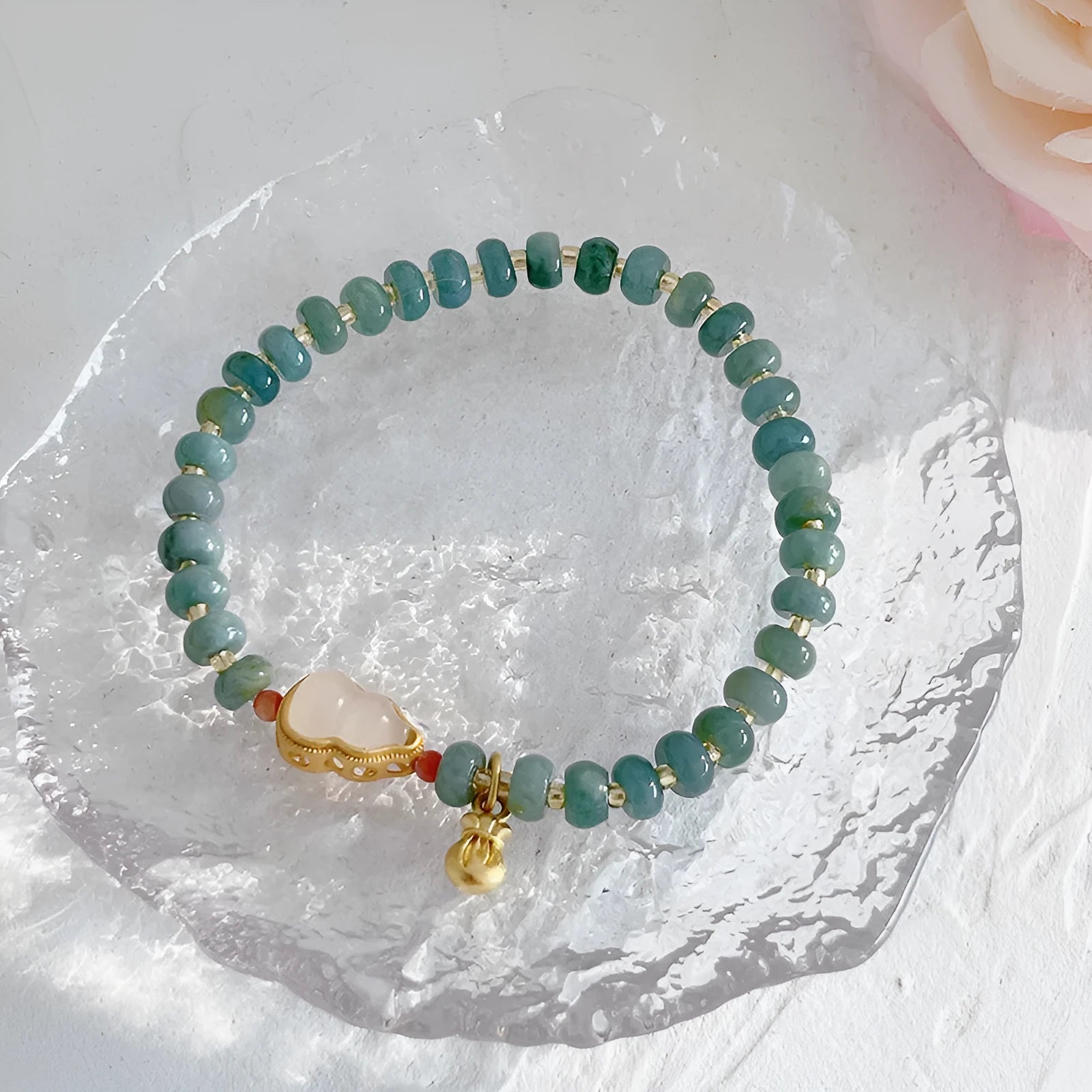 Natural blue water jade bead bracelet with gourd peace buckle pendant, simple women's retro ethnic style